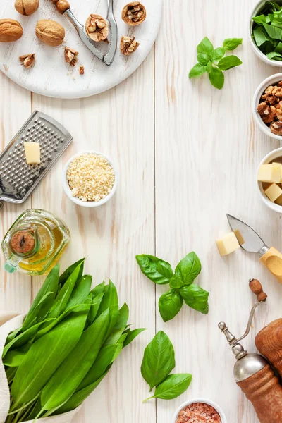 Ingredients Wild Garlic Pesto Cooking Delicious Savory Sauce Italian Pasta — стокове фото