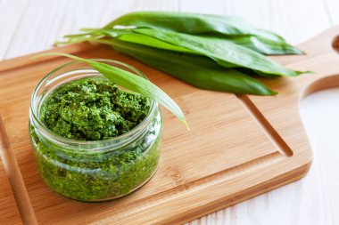 Taze ev yapımı yabani sarımsaklı pesto. Ayı pırasası otlarından yapılmış. İtalyan makarnası için lezzetli bir sos.