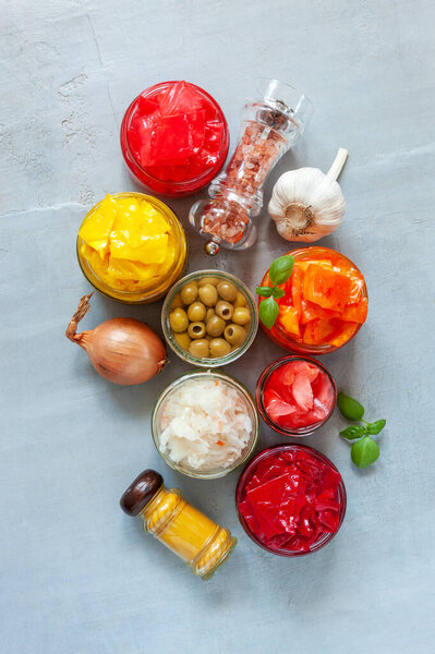 Set Various Multicolored Bright Fermented Pickled Vegetables Snacks Condiments Stock Image