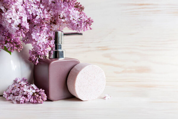 Bathroom Dispencer Toilet Soap Lilac Inflorescences Concept Spa Beauty Health Stock Photo
