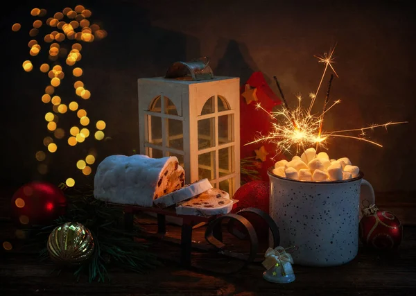 Christmas Composition Mug Hot Drink Marshmallows Sparklers Stollen Christmas New — Stock Fotó