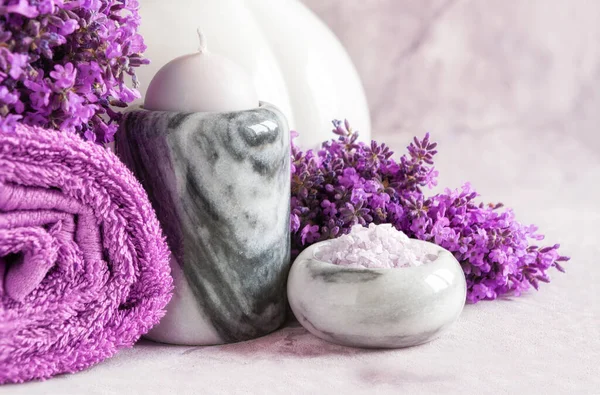 Lavender Flowers Candle Marble Candlestick Aromaitic Bath Salt Towels Concept — Stok Foto