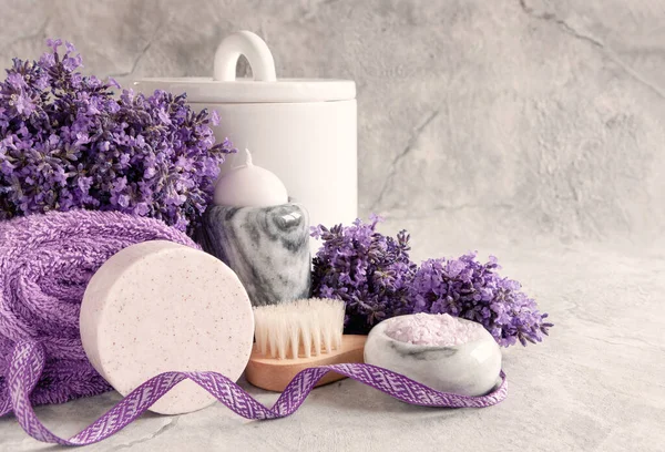 Lavender Flowers Candle Marble Candlestick Aromaitic Bath Salt Other Hygiene — Fotografia de Stock