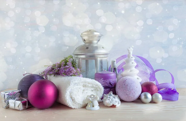 Christmas New Year Spa Concept Heather Christmas Decorations Candles Various — Foto de Stock