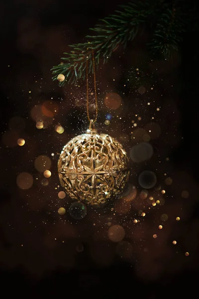 Golden Christmas Ball Fir Tree Branch Defocused Background Bokeh — Stok fotoğraf
