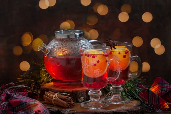 Cozy Autumn Winter Composition Teapot Two Mugs Hot Vitamin Drink — Stockfoto