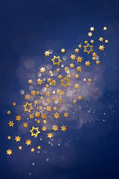 Estrelas Natal Douradas Fundo Azul Desfocado Com Bokeh — Fotografia de Stock