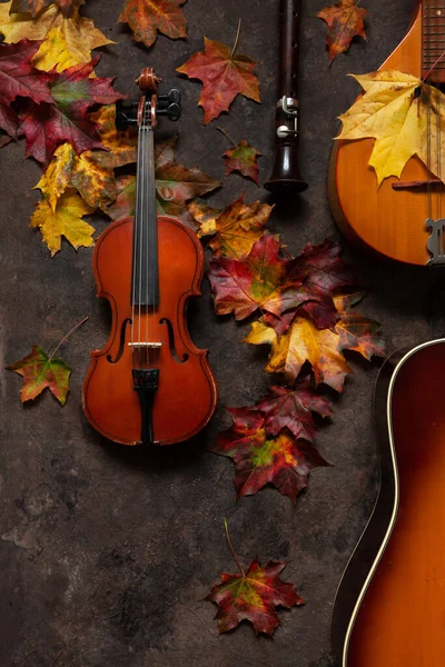 Bright Autumn Maple Leaves Mandolin Violin Flute Guitar Concept Autumn — Stock Photo, Image