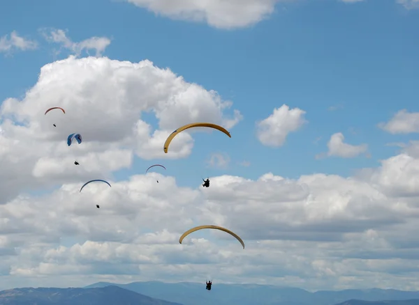 Algunos parapentes sobre un fondo de cielo azul — Foto de Stock