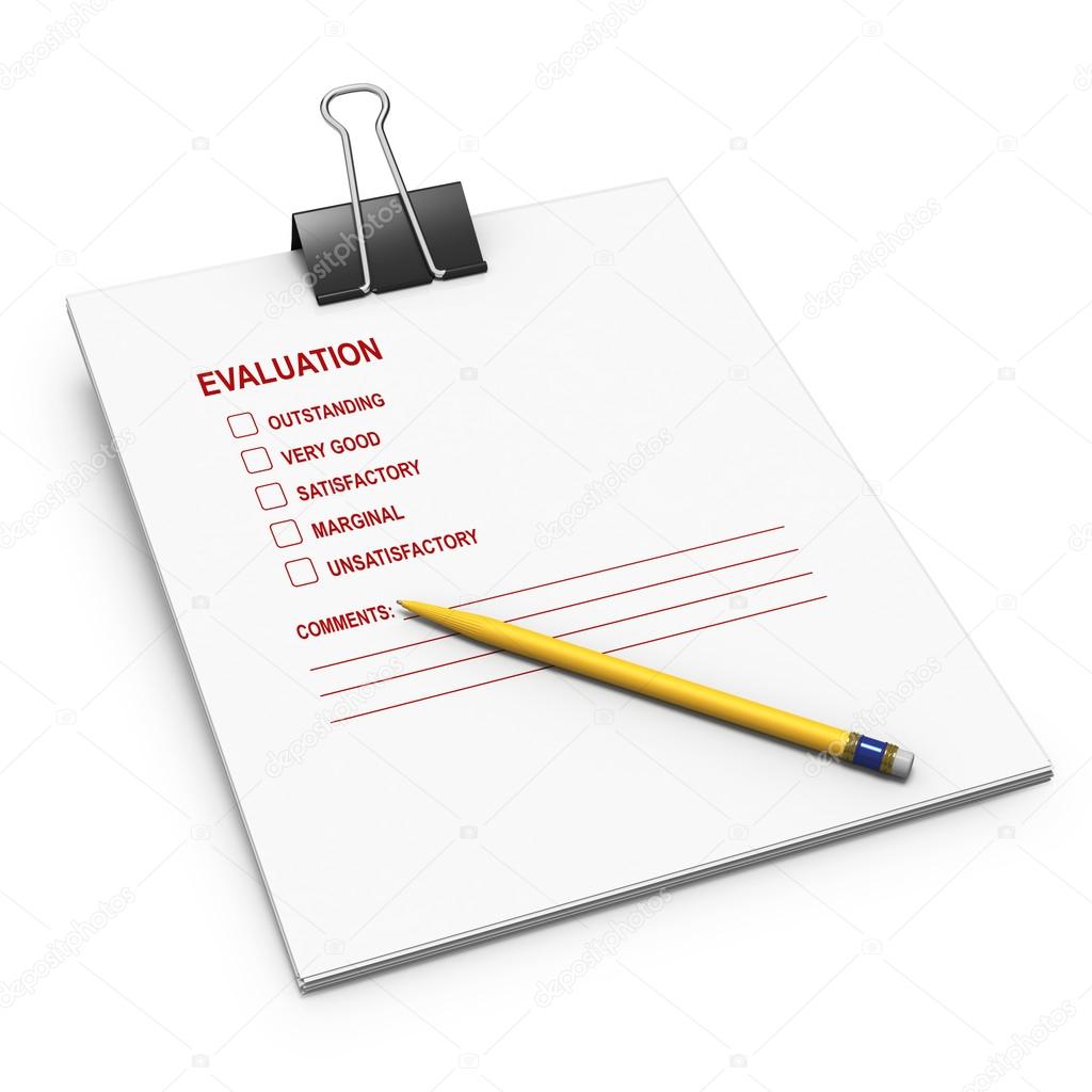 Evaluation checklist with bulldog clip and yellow pen