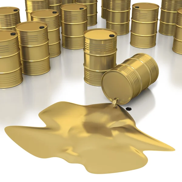 Many golden oil barrels with pool of oil — Stock Photo, Image