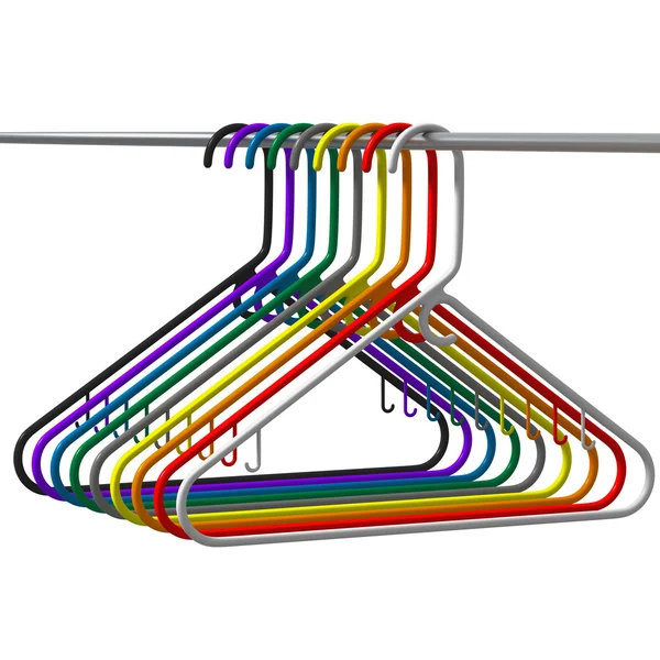 Tidy line of colored clothes hangers — Stok fotoğraf