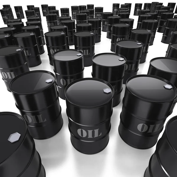 High angle view of many black oil barrels — Stock Photo, Image