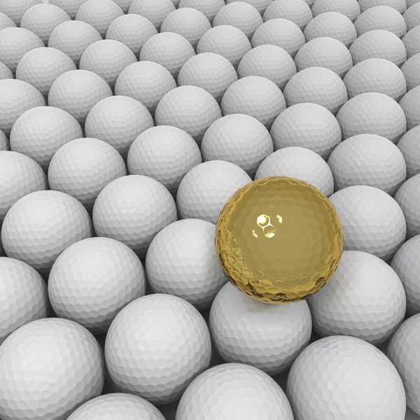 Gold outstanding ball on background of white golf balls — Stock Photo, Image