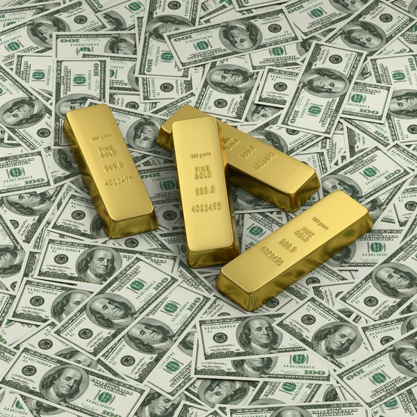 Золотые слитки или четыре слитка на банкнотах доллара США — стоковое фото