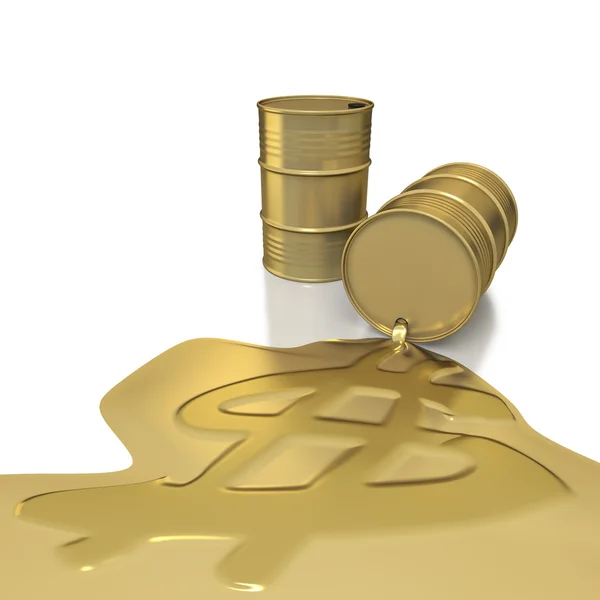 Two golden barrels with dollar embossed spill — Stock Photo, Image