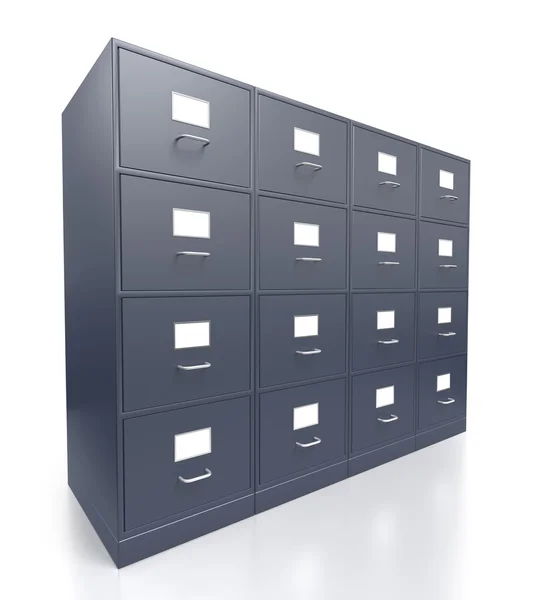 Quatro gabinetes de arquivamento cinza sem gavetas abertas — Fotografia de Stock