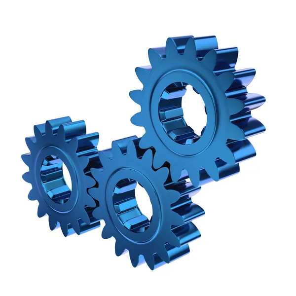 Tre blå gears meshning tillsammans — Stockfoto