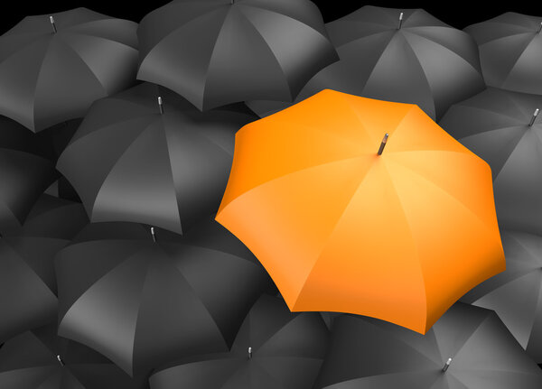 Background of umbrellas with a single Orange umbrella