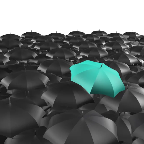 Hintergrund der Regenschirme mit einem einzigen grünen Regenschirm Stockbild