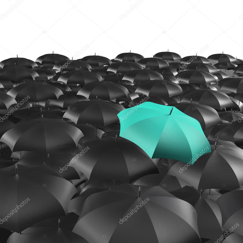 Background of umbrellas with a single green umbrella