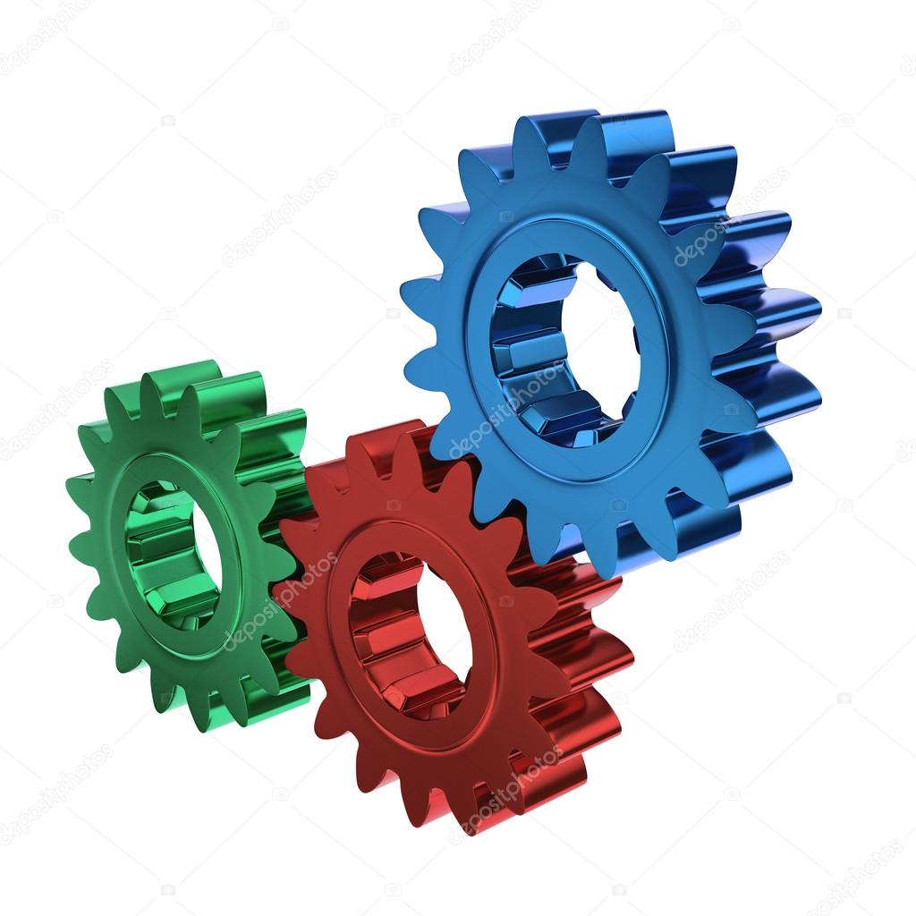 Colored cogs or gears working together