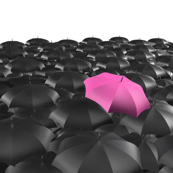 Fundo de guarda-chuvas com um único guarda-chuva rosa — Fotografia de Stock
