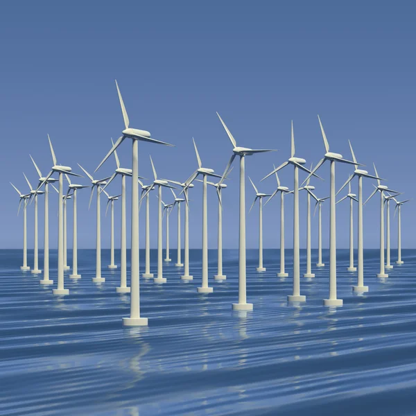 Lijn van windgenerators op zee Stockfoto