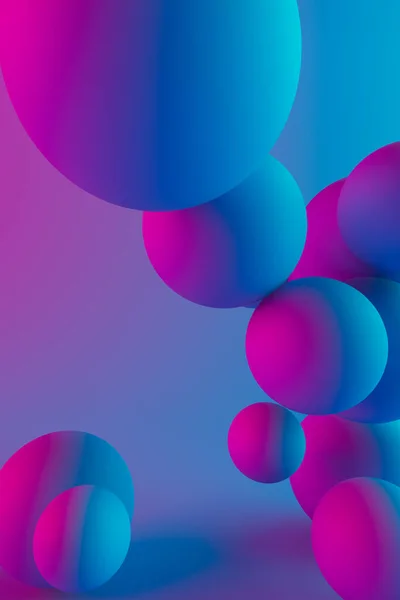 Abstract composition with blue spheres, modern cyan and purple background design. 3D Rendering.