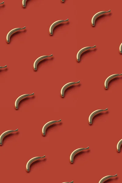 Trendy luxury pattern made with gold banana fruit on pastel light red background. Minimal sweet concept. 3D Rendering.