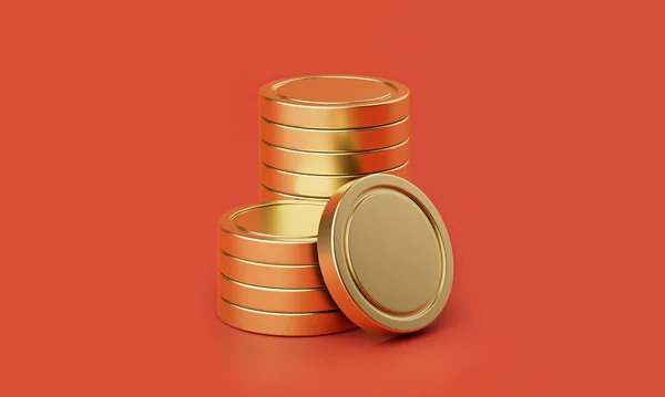 Kırmızı zemin üzerinde minimalist altın sikkeler yığın kompozisyonu, web afişi için 3D sikkeler simgesi ve mobil uygulama illüstrasyonu. 3B Hazırlama.