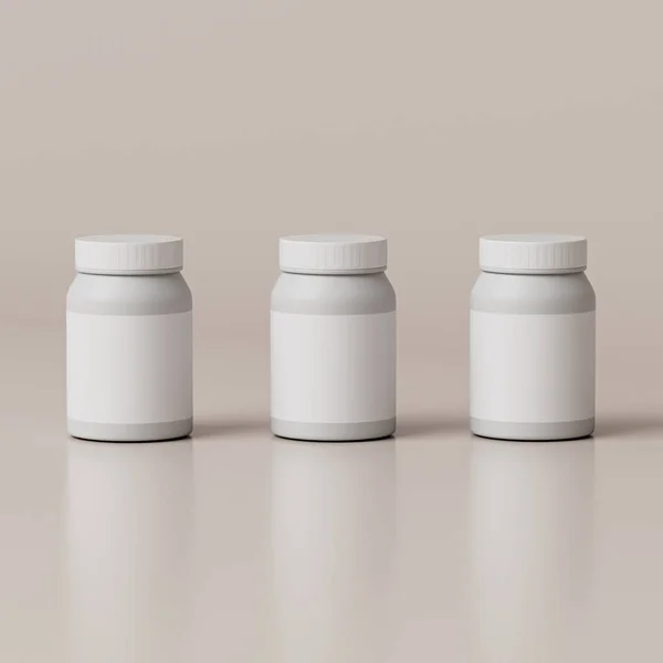 ボトルモックアップパステルホワイトの背景に隔離 ビタミンやカプセルのための白い薬のプラスチックパッケージ 空の瓶にコンテナモックアップ 3Dレンダリング — ストック写真