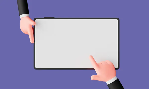 Cartoon Hand Holding Tablet Isolated Purple Background Hand Using Tablet — ストック写真