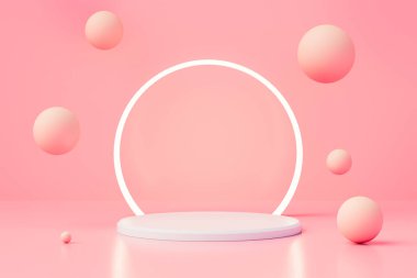 Flowing white and pink soft spheres. 3d realistic illustration. Abstract background with geometric shapes. Modern cover design. Ads banner or brochure template. Dynamic wallpaper. 3d rendering