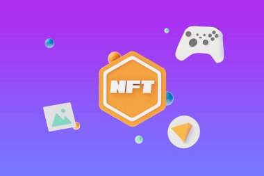 NFT non-fungible token with Types of NFT data of digital files, 3d nft icon symbol. 3d illustration