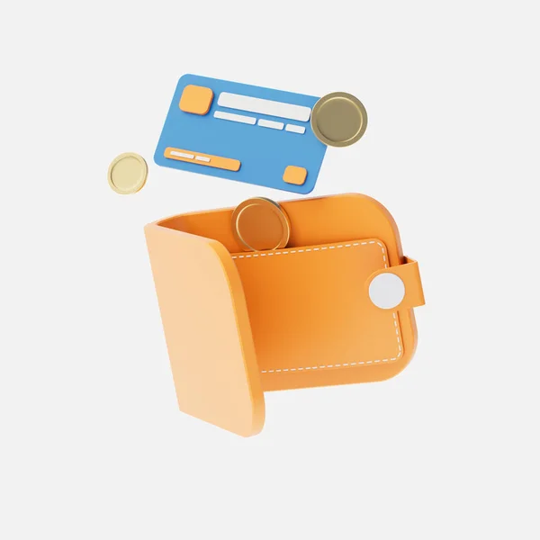 3d wallet with credit card and coins icon, online payment, cashless society and cashback concept, wallet on white background. 3d illustration