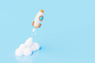 3D Rocket launch on light blue background, startup business concept. 3d illustration