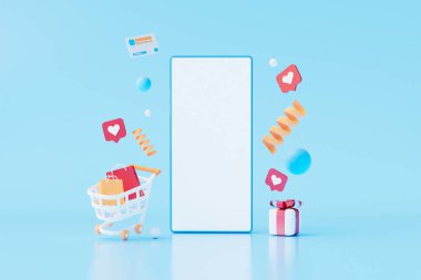 Online shopping concept, Phone with floating objects, surprise box and shopping cart. 3d illustration