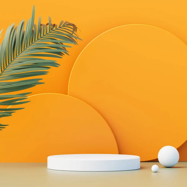 Palmiye Yaprağı Yaz Şablonu Soyut Arkaplanı ile Ahşap Zeminde Sarı Modern Asgari Podyum. 3d Hazırlama