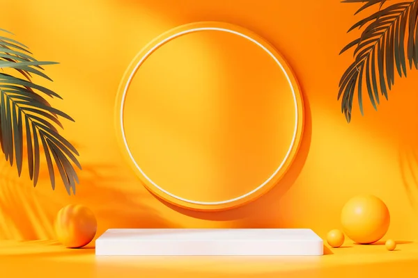 Modern Minimal Wood, Neon Light ve Monstera Plant Natural Concept soyut Arkaplanı ile podyumu gösteriyor. 3d Hazırlama