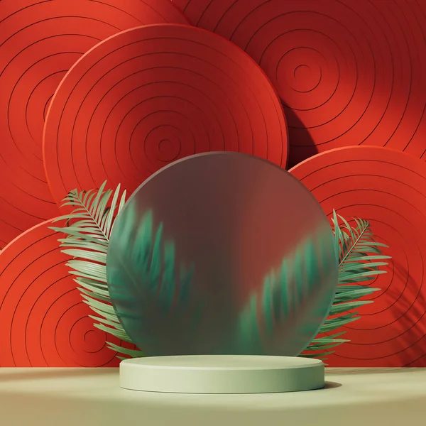 Görüntü camında doğal palmiye yaprakları ve kırmızı soyut arkaplan içeren en az beyaz podyum görüntüsü. 3d Hazırlama