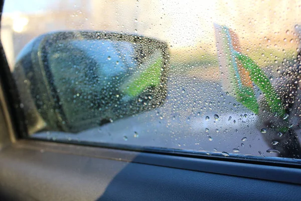 Cleaning Side Mirror Car Scraper Case Poor Visibility Photo Side — Stock Photo, Image