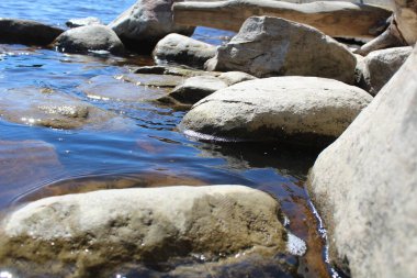 Yazın büyük taşların üzerinden akan temiz su / fotoğraf taşları ve su. Büyük taşlar suda yatıyor. Taşların arasında temiz su var. Güneşin yansımaları suya da yansıyor. Güzel manzara.