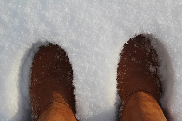 close-up of warm boots, ugg boots in the snow / photo brown ugg boots. warm boots are standing in the snow. cold snowy winter.