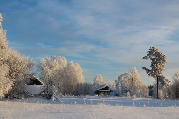 Old Russian Village Hinterland Snowy Winter Photo Old Village Fields — стоковое фото