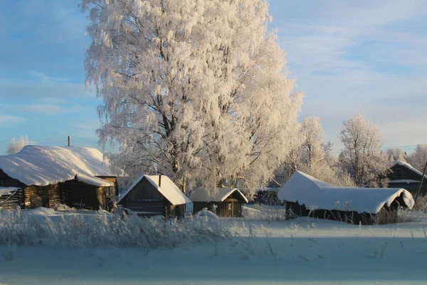 Old Russian Village Hinterland Snowy Winter Photo Old Village Fields — стоковое фото