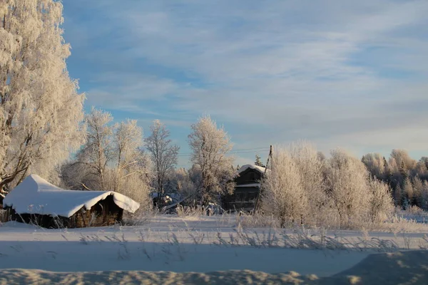 Altes Russisches Dorf Hinterland Verschneiten Winter Foto Altes Dorf Felder — Stockfoto