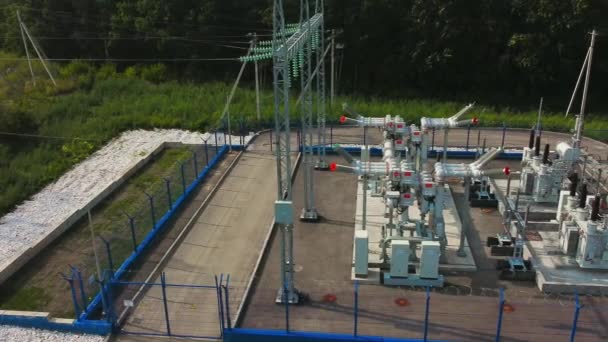 Electric Substation Countryside View Drone Summer Day — Stock Video