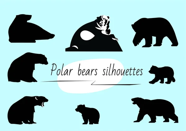 Множина Чорно Білих Ізольованих Векторних Силуетів Полярних Арктичних Ведмедів Синьому — стоковий вектор
