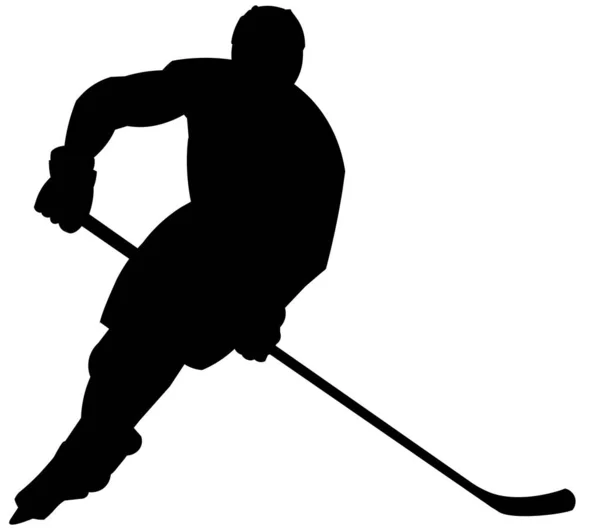 Hokey oyuncusunun silueti, diske vurmak için etrafında dönen bir sopayla izole edilmiş.